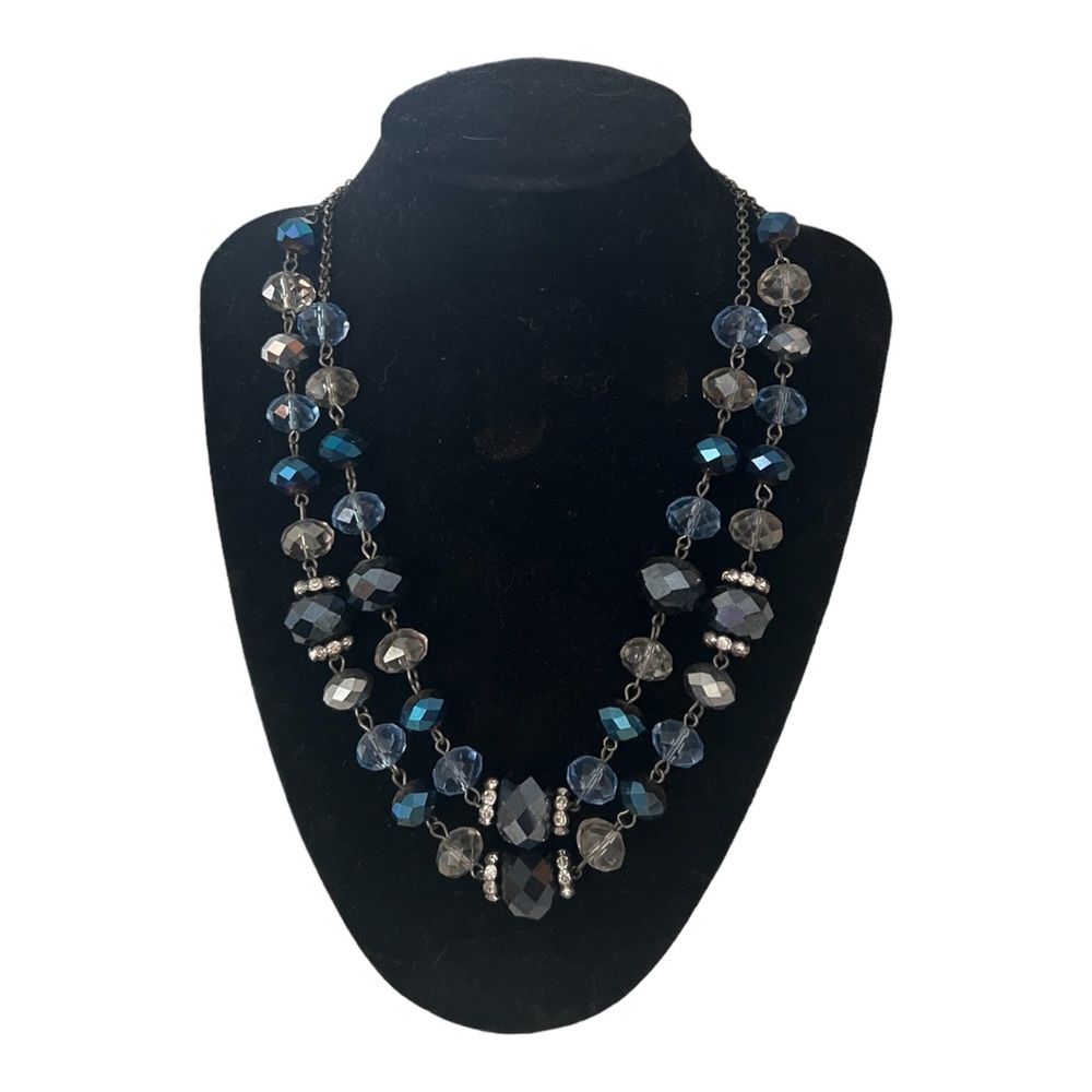 Crystal Blue/Clear Beaded 2-strand Necklace. 18”